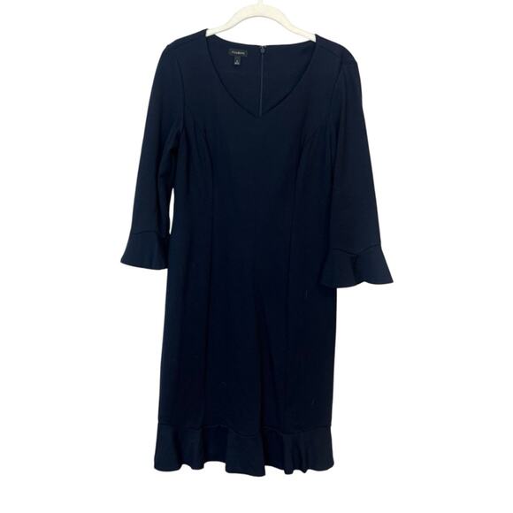 Talbots Navy Ponte Sheath Dress sz 2 Flounce Hem 3/4 Bell Sleeve V Neck Stretch - Picture 2 of 7